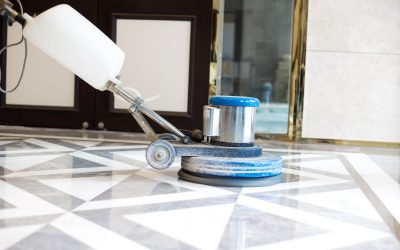 polisher working on marble floor in modern office building